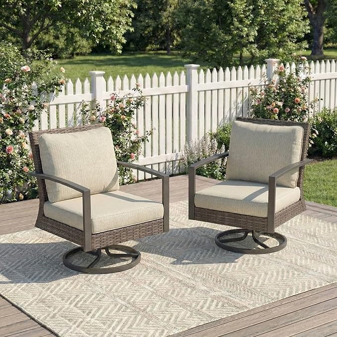 Green4ever Patio Swivel Dining Chairs Set of 2 with 360-Degree Rotating, Metal Outdoor Rocking Chair, All Weather Rattan Patio Chairs for Porch, Bistro, Balcony, Beige