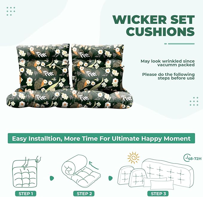 Wicker Chair Cushions of 5 Pieces, Waterproof Outdoor Loveseat Cushion for Wicker Furniture, 1 Love Seat Cushion, 2 U-Shape and 2 Lumbar Pillows for Patio Furniture (Black Flower)