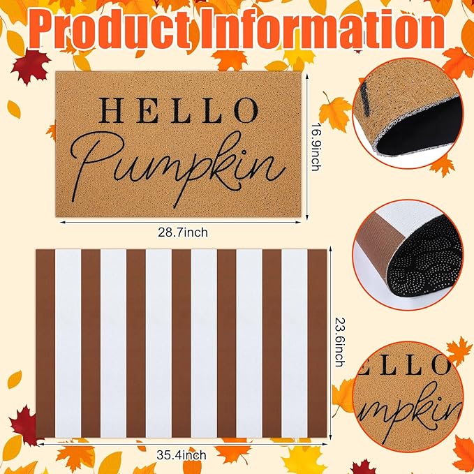 Tinideya 2 Pcs Fall Door Mat Hello Pumpkin Welcome Non Slip Coir Mats Thanksgiving Brown White Stripe Harvest Floor Layering Doormats Seasonal for Front Porch Entryway Decor(Brown White)