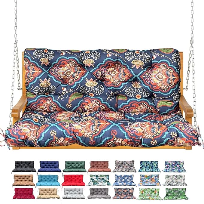 Porch Swing Cushion with Backrest,Waterproof Bench Cushion for Outdoor Furniture,2-3 Seater Replacement Thickened Swing Cushion with Ties,Patio,Outdoor,Backyard and Garden (Bohemian,47x40)