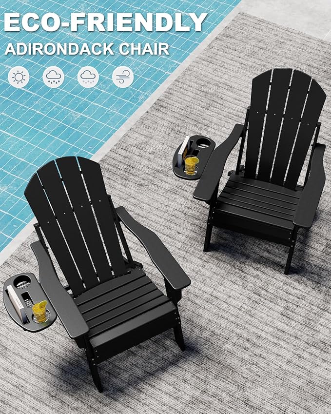Adjustable Adirondack Chair Set of 8 with Cup Holder, All Weather HDPE Fire Pit Chairs for Deck, Backyard, Patio, Black