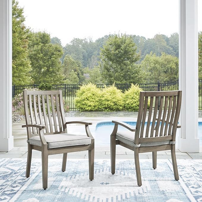 Signature Design by Ashley Rainier Ranch Contemporary Rust Resistant Aluminum High Back Outdoor Arm Chair with Loose Seat Cushion, Set of 2, Nuvella Weather Resistant Fabric, Light Brown & Beige