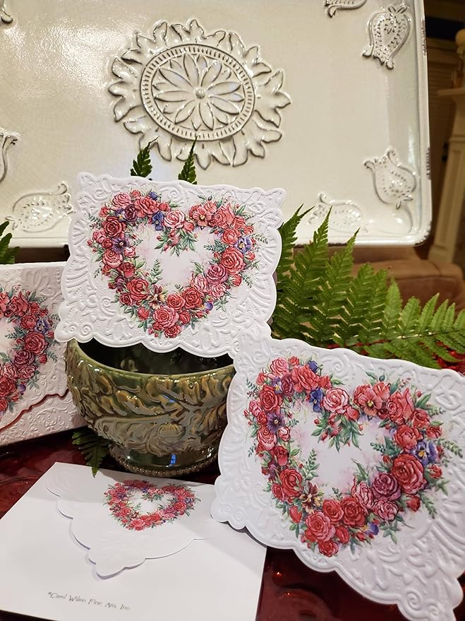 Poster Foundry Set of 3 - Rose Heart Valentine Day Love Boxed Note Cards by Carol Wilson. 10 embossed 4x5 Die-Cut Notecards and Matching Envelopes in Decorative Gift Box with Magnetic Flap. NCP2149