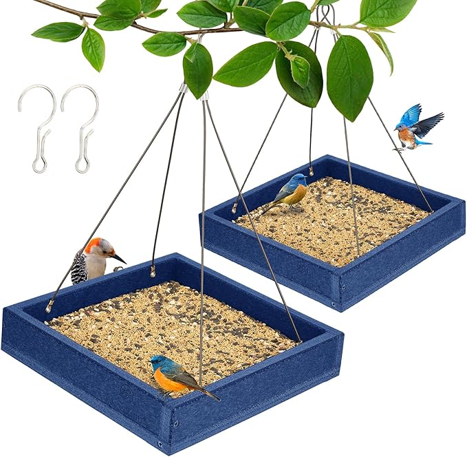 Kingsyard 2 Pack Platform Bird Feeder Tray for Outdoor Hanging - Durable Recycled Plastic & Metal Mesh, Large 3.5 lbs Capacity, Ideal for Attracting Large Birds, Blue