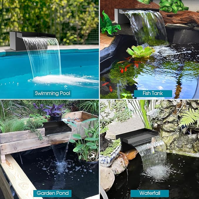 POPOSOAP 8Inch Pond Waterfall Spillway with Pump Kit, 304 Stainless Steel Pond Waterfall Box, Pond Spillway with 9.8FT Corrugated Tubing for Garden Waterfall Water Features-P42
