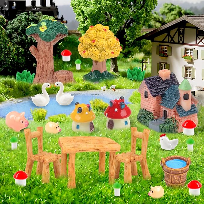 50 Pcs Fairy Garden Miniatures Accessories Bridge House Landscape Water Well Animal Fence Tree Sand Chair Table Pond Mushroom Lawn Ornament for DIY Craft Mini Garden Scenery Succulent Decor