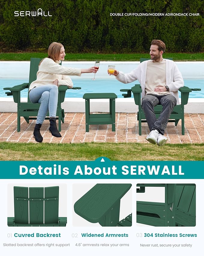 SERWALL Folding Adirondack Chair Set of 4 with Dual Cup Holders, Modern Adirondack Chairs, HDPE All-Weather Fire Pit Chairs for Outdoor, Patio, Garden, Green