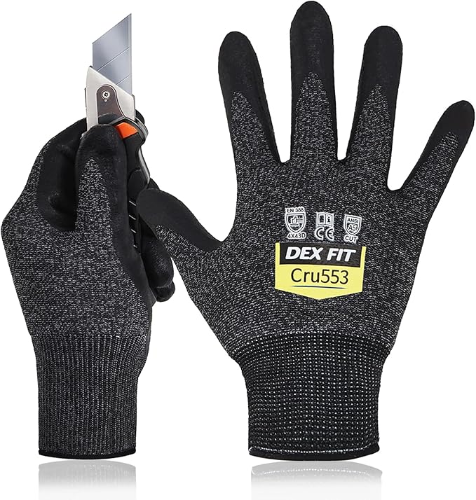 DEX FIT Level 5 Cut Resistant Gloves Cru553, 3D-Comfort Stretchy Fit, Power Grip, Professional Grade, Thin, Touch-Screen Compatible, Durable, Machine Washable; Black Grey XL (10) 12 Pairs