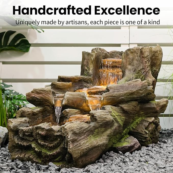 34.5" L Garden Outdoor Water Fountain, Floor Standing Wood Imitation Resin Natural Waterfall Fountains with LED Lights for Patio, Porch, Home Art Decor