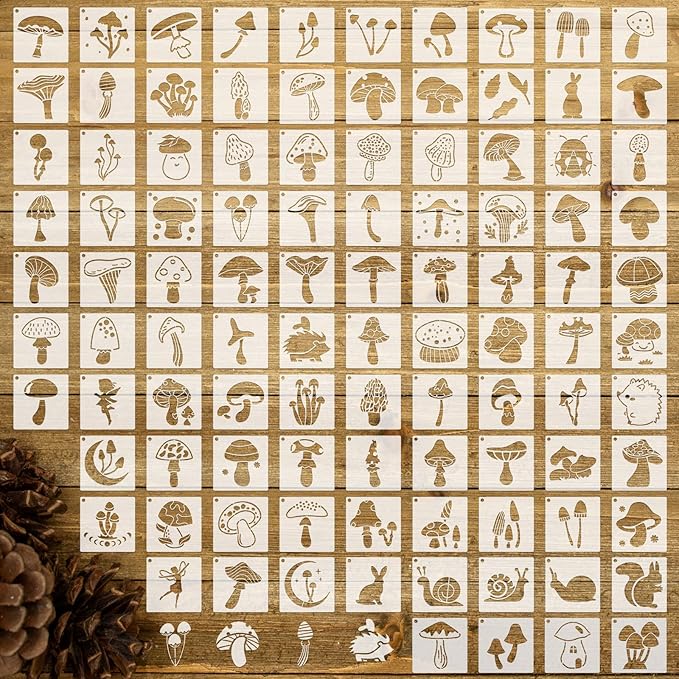 Fainne 100 Pcs 2 Inch Stencils Small Stencils for Painting on Wood Reusable Painting Templates Crafts for DIY Scrapbook, Wood, Wall, Fabric, Rock, Chalkboard, Sign(Mushroom)