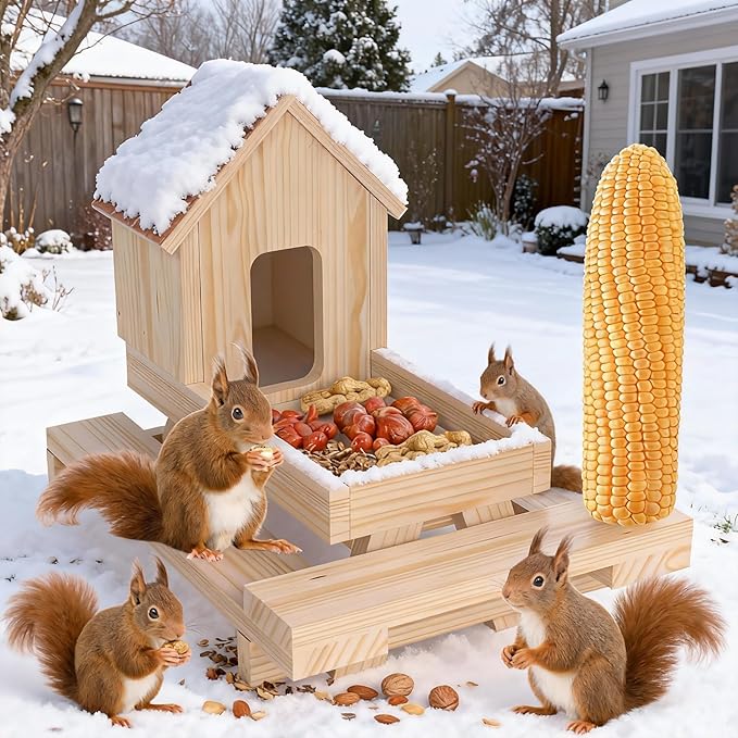 Wooden Squirrel Feeder, Squirrel Picnic Table Feeder with Corn Cob Holder, Squirrel Feeders for Outside Backyard