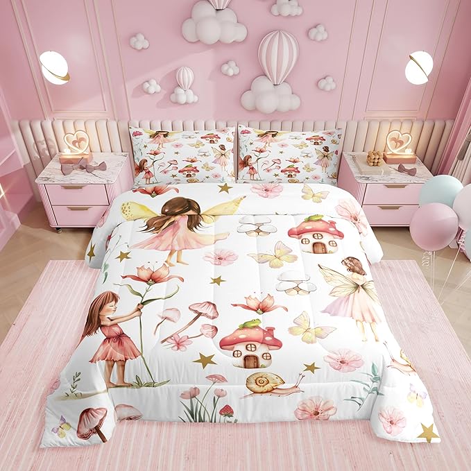 Erosebridal Fairy Garden King Bedding Set,Cute Pink Floral Comforter Set for Girls Kids,Butterfly Flower Comforter,Kawaii Mushroom Flowers Bedroom Room Decor,2 Pillowcases All Season