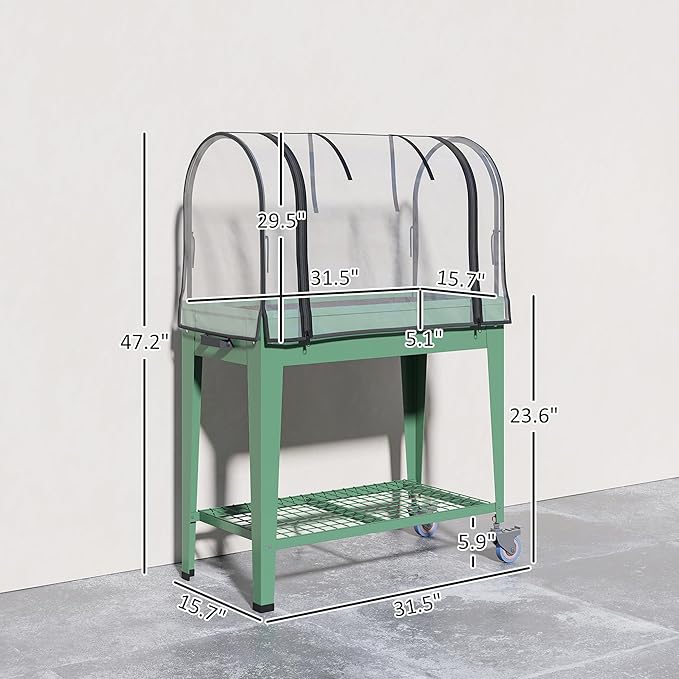 Outsunny Raised Garden Bed with Greenhouse Cover, Large Metal Outdoor Elevated Planter Box with Lockable Wheels, Storage Shelf and Drainage Hole for Vegetables, Flowers, Herbs, Green