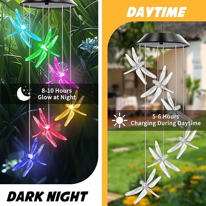 Dragonfly Solar Wind Chimes Outdoor, Color Changing Solar Lights, Gifts for Mom Grandma, Waterproof Decorative Mobile Light, Gardening Gift for Garden,Patio, Window, Yard, Outdoor Decor