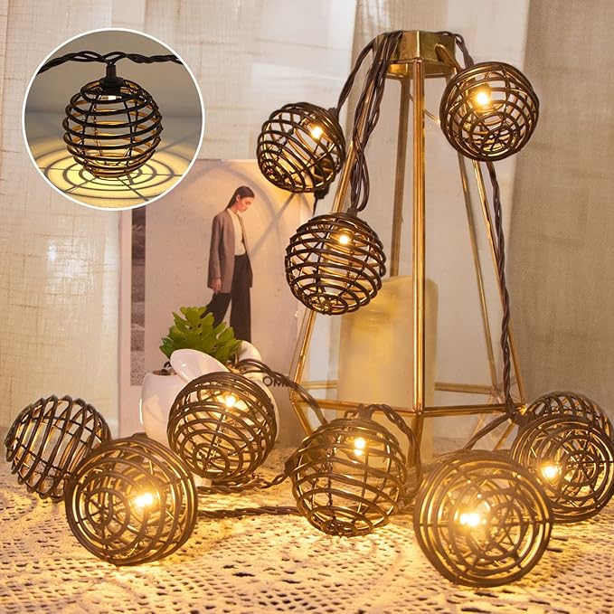Vigdur Rattan Ball String Lights, Brown Plug in Decorative Lights with 10 Rattan Bulbs, Connectable Patio String Lights for Home, Garden, Backyard & Cottagecore Decor(9.84FT)