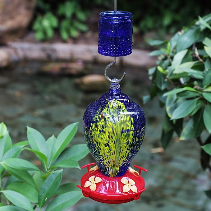 4OZ Vintage Glass Ant Moat for Hummingbird Feeder 4 OZ Large Capacity Stainless Steel Hooks (Blue)