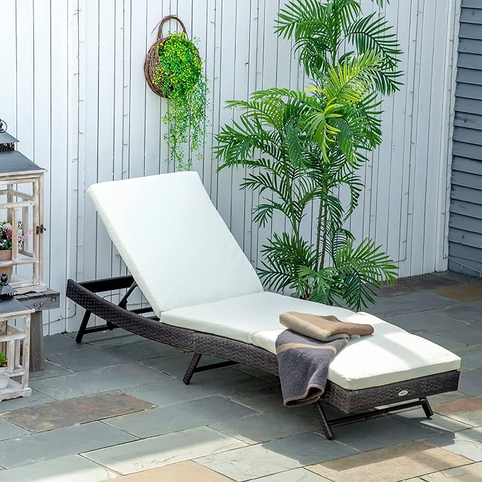 Outsunny Patio Chaise Lounge, Pool Chair with 5 Position Adjustable Backrest & Cushion, Outdoor PE Rattan Wicker Sun Tanning Seat, 78.75" x 24.75" x 35", Brown