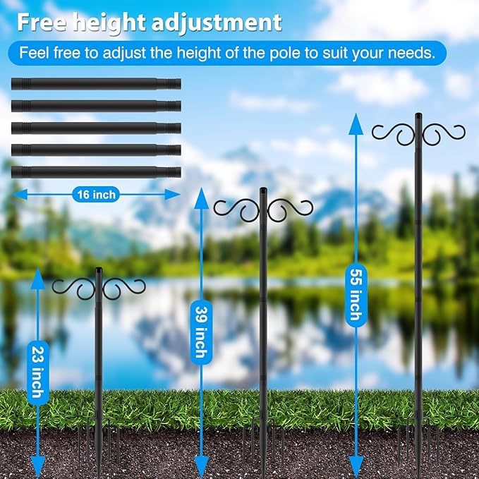 Adjustable Shepherd Hooks for Outdoor,2 Pack 55 Inch 5 Prong Base Bird Two Sided Feeder Poles,Heavy Duty Shepherds Hook,Suitable for Garden in Hanging Flower Basket,Lantern,Bird Nests