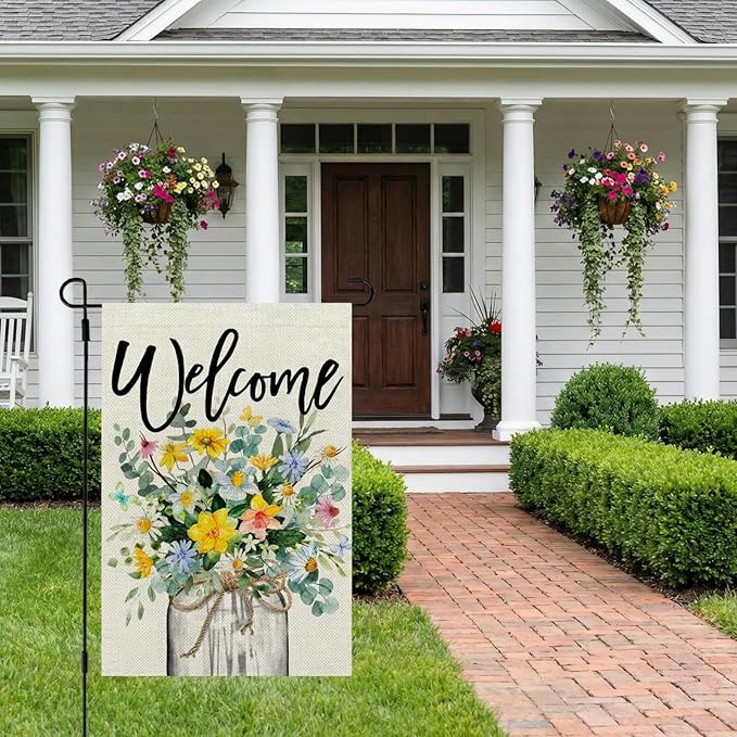 CROWNED BEAUTY Spring Floral Garden Flag Mason Jar 12x18 Inch Double Sided Small Burlap Seasonal Holiday Flag for Outside Yard Welcome CF1377-12