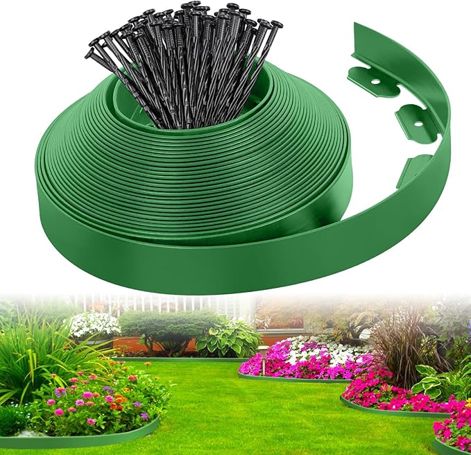 2-Inch x 33 FT Landscape Edging Border with 50 Spikes, Garden Edging Lawn Edging Border Kit, Plastic Edging Border Flexible for Garden Flower Beds Lawn Yard Pathway (Green)
