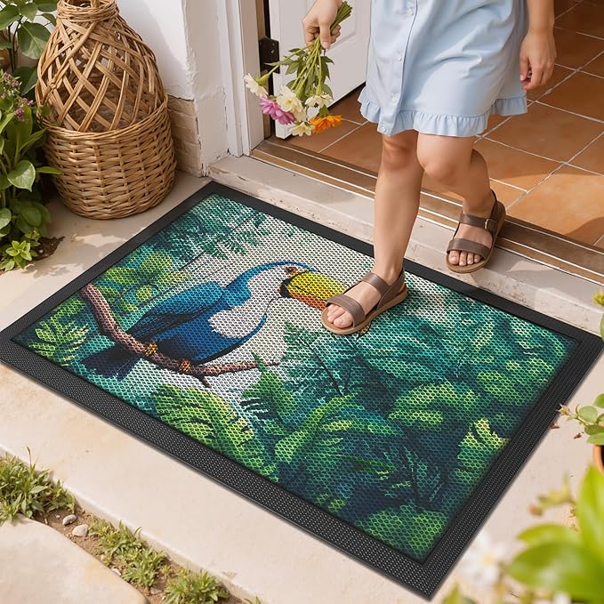 LUMI Outside Door Mat 24x36, Non Slip Rubber Backing Doormat, Low Profile Easy Clean Entrance Mats for Front Back Door Entryway Porch Garage, Toucans