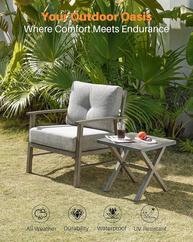 2 Pieces Outdoor Patio Chairs, Outdoor Aluminum Armchair Conversation Set with Thick Cushions, All Weather Patio Furniture Sofa Chairs Set for Garden, Poolside, Lawn, Limed Oak