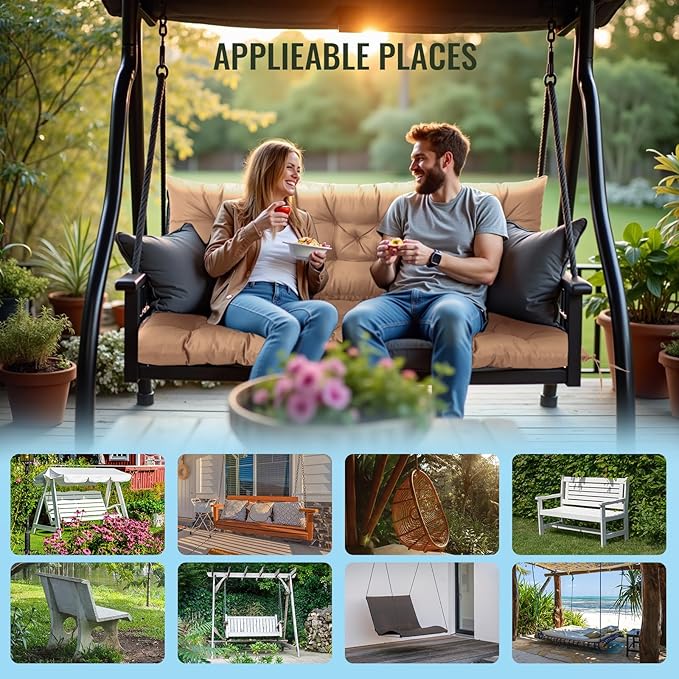 NACATIN 3 Seat Cushion for Outdoor Swing - 60x40 inches, 4" Thick Porch Swing Cushions with Ties and Storage Bag, Waterproof Bench Cushions for Patio, Outdoor, Backyard and Garden (Khaki)
