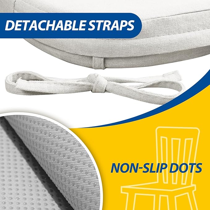 AAAAAcessories D-Shaped Chair Cushions, 2" Thick Dining Chair Pads with Ties and Removable, Machine-Washable Cover, 17" x 16", Natural Linen