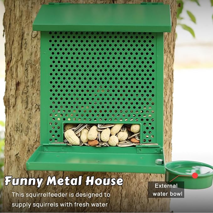 Squirrel Feeders for Outside，Squirrel Feeder with Foldable Metal Front Panel Perch Funny Metal Chipmunk House Hanging Boxes Easy to Refill (Green)