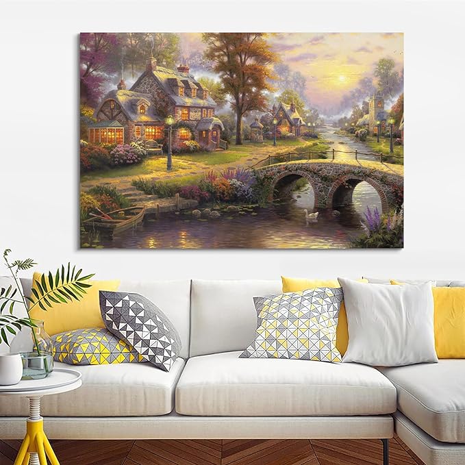 STUDIO HAVEN Thomas Kinkade Canvas Wall Art, River Village Stone Bridge Flower Filled Swan and Glowing Cottages Oil Painting Poster Rustic Wall Decor, Framed Prints for Home Decor, 16x12Inch