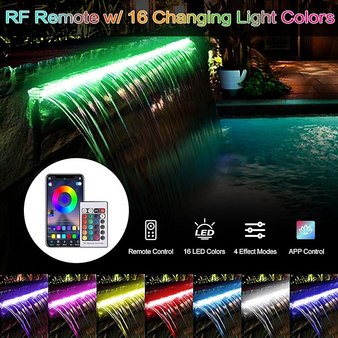 36'' APP Control Waterfall Spillway with RGB LED Lights, Acrylic Pond Fountain Set for Outdoor Decorations, Patio Pool Kit on The Wall for Garden w/16 Color Changing, Easy Installation