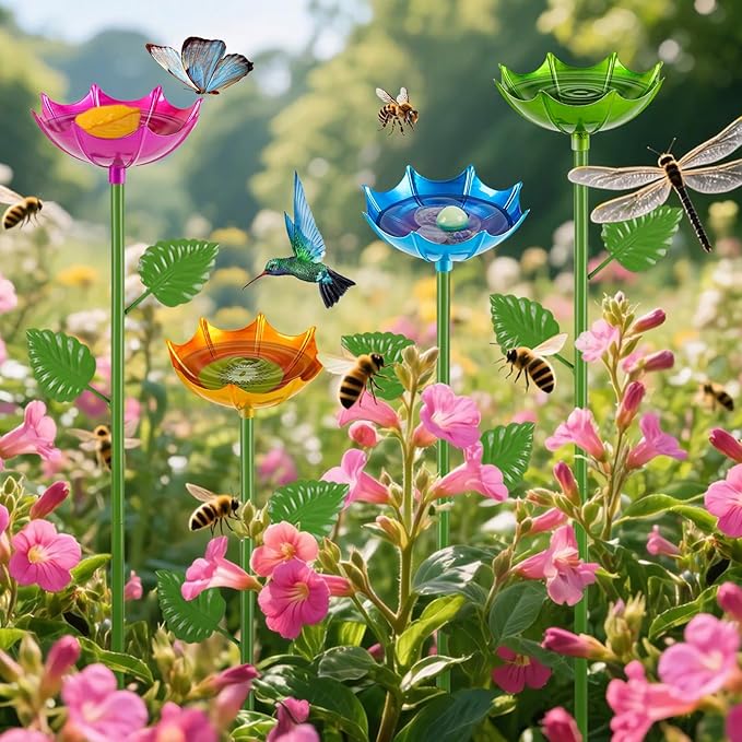 Bee Watering Station | 4 Pack Butterfly Feeder for Outside | Metal Decorative Garden Stakes | Bee Baths for Garden Yard Decor Umbrella Design (Red,Green,Blue,Yellow)