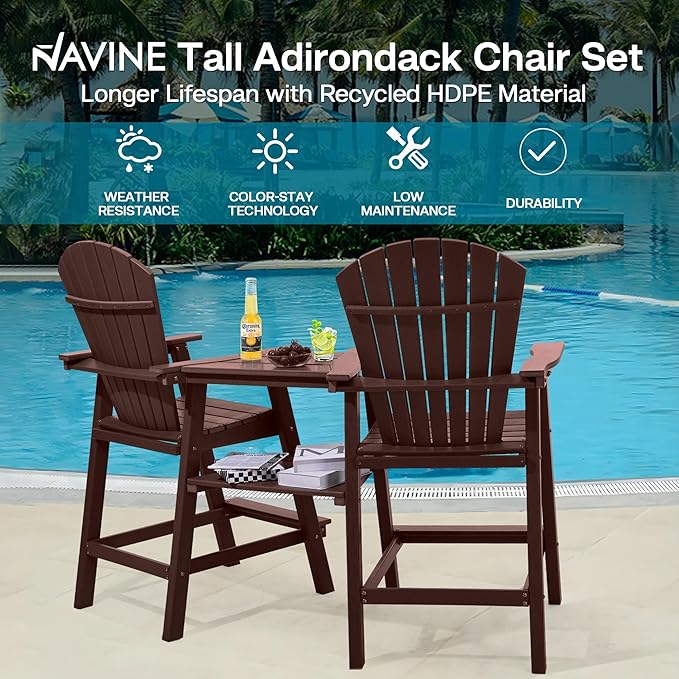 Tall Adirondack Chairs Set of 8, HDPE Balcony Chair with Double Connecting Tray, Weather Resistant Outdoor Adirondack Bar Stools for Patio, Deck, Patio, Backyard, Balcony. (Brown)
