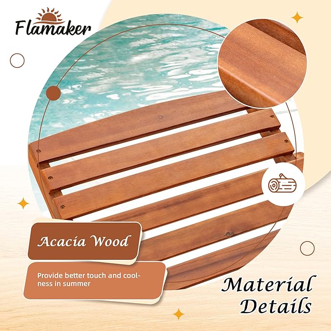 Flamaker Lounge Chairs for Outside Folding Acacia Wood Chaise Lounge with Side Handle Sun Lounger for Poolside, Lawn, Backyard (1 Piece)