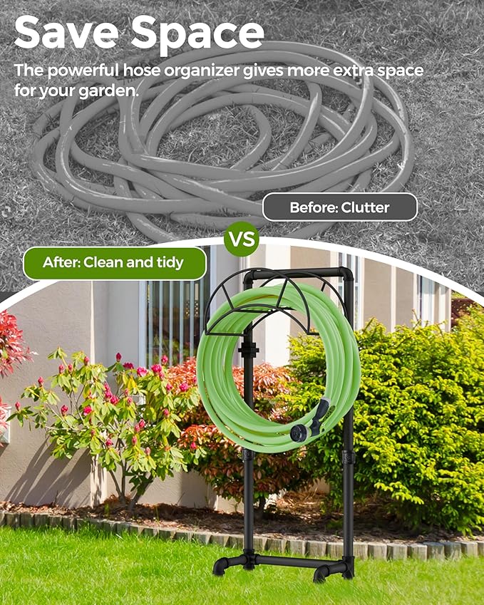LAND·VOI Hose Holder, Garden Hose Storage Freestanding, Metal Heavy Duty Water Hose Holder Holds 150 Feet Hose, Detachable Hose Storage Hanger for Outside with 4 Spikes, for Lawn Yard, Black GHH02B