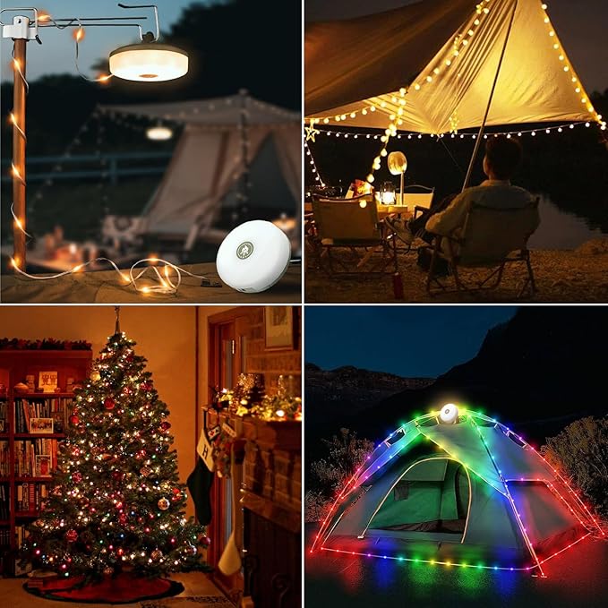 Camping String Lights, 4 in 1 Portable Camping Light Rechargeable, 8 Lighting Modes, USB Charging, Quick Storage, 32.8FT Waterproof Tent Lights String for Camping, Hiking, Yard, Christmas, Black