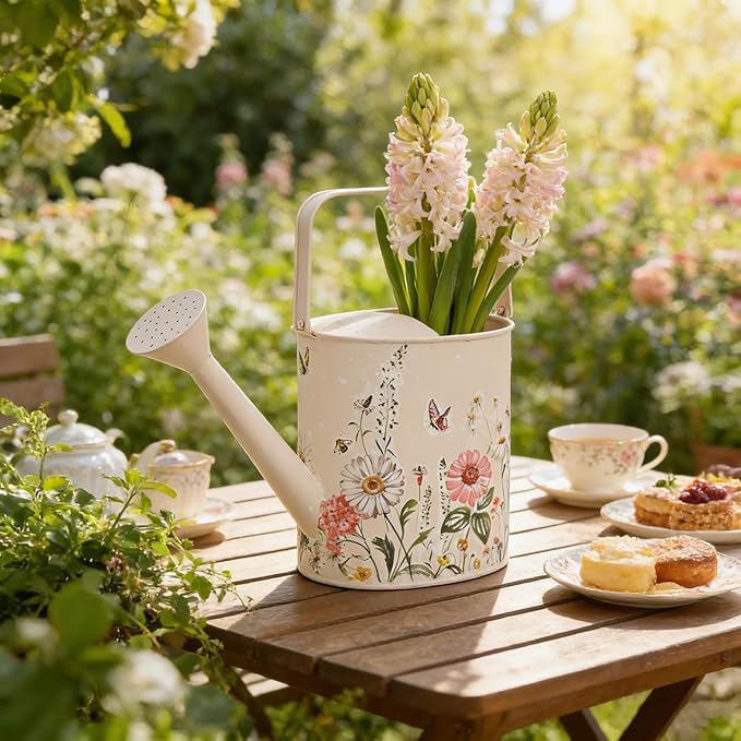 Vintage Floral Metal Watering Can for Indoor/Outdoor Plants, Pink Functional Garden Waterer with Long Spout, Garden Water Pot Rustic Decor for Home Garden Patio