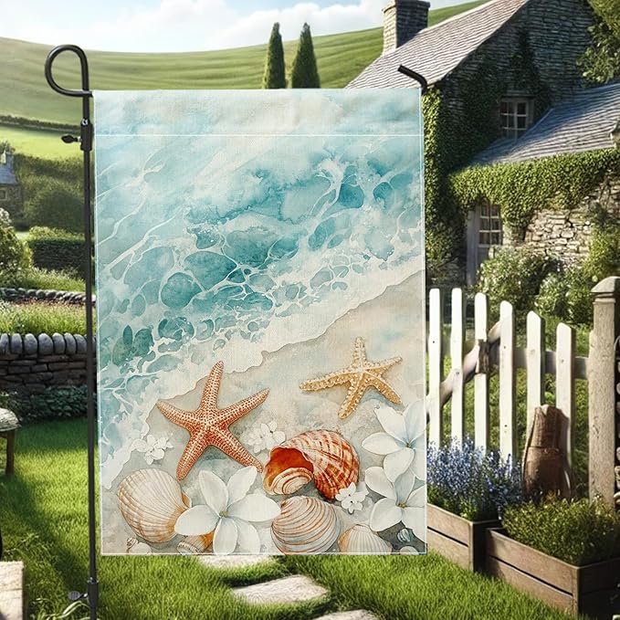 Coastal Ocean Sea Shells Garden Flag, Soft Blue Shells Starfish Outdoor Decor Banner, Double Sided Fabric Yard Flag Summer Lawn Decoration 12x18 Inch