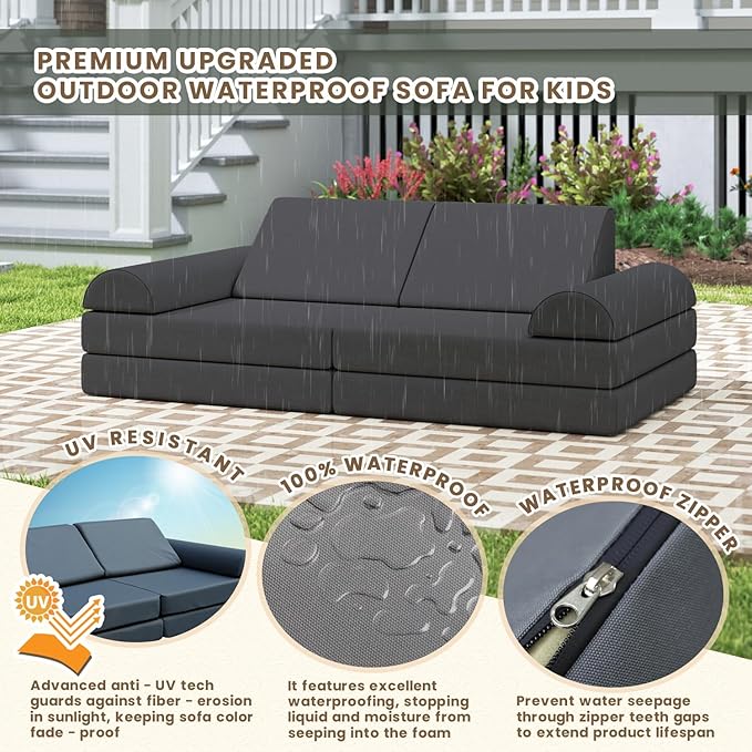 jela Kids Couch, Waterproof Kids Modular Sofa for Outdoor & Indoor, UV Resistant Child Sectional Sofa, Foam Play Couch Playhouse Play Set for Children Adults (Darkgray)