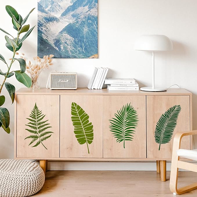 6PCS Large Leaf Stencils for Painting on Walls 16 x 12 Inch Plant Stencil with Brushes Palm Leaf Wall Stencil Tropical Leaves Stencils Plastic Drawing Templates for Wall Furniture Fabric