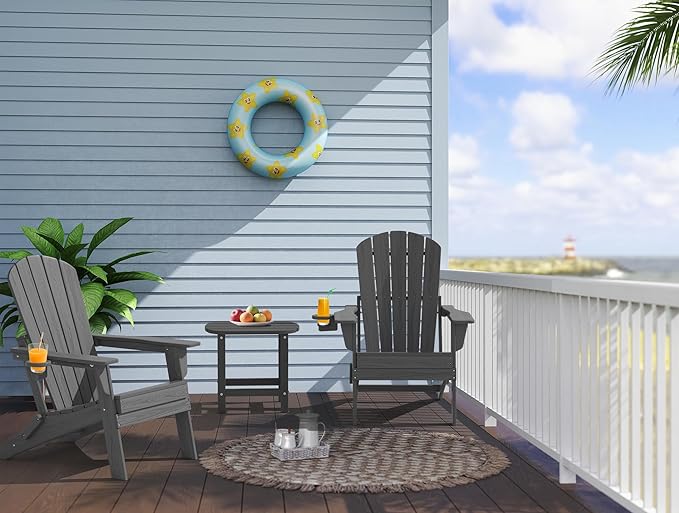Upgraded Folding Adirondack Chair with All-Weather Cup Holder-EcoVida, Premium Wood Grain Texture, HDPE Waterproof, Suitable for Fire Pit, Patio, Porch,Grey