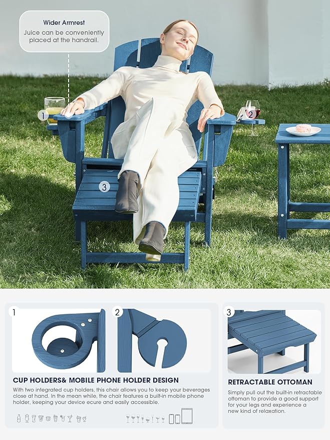 KINGYES Folding Adjustable Adirondack Chair with Retractable Ottoman, HDPE Recliner Adirondack Chair with Cup Holder, Blue