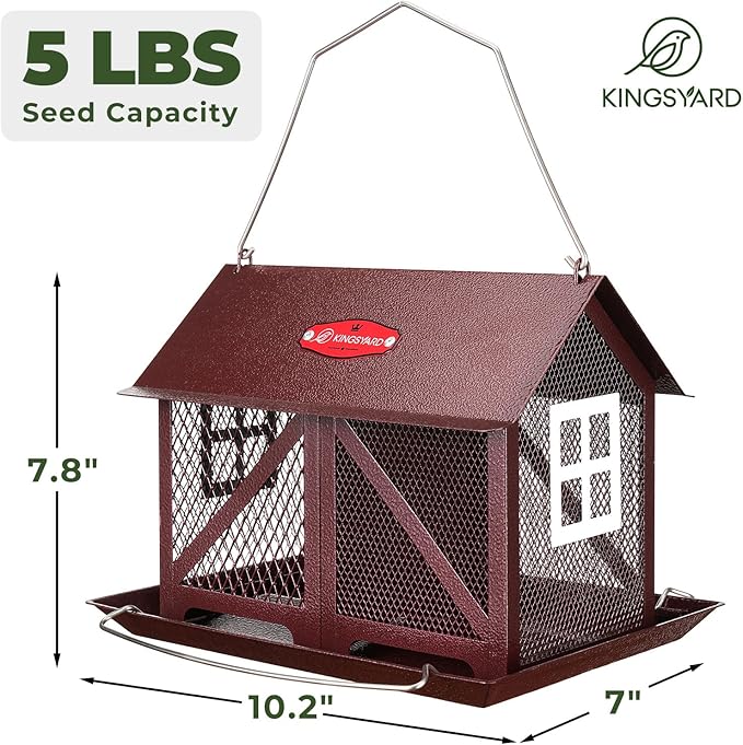 Kingsyard Metal Bird Feeder for Outdoors Hanging, 2-in-1 Wild Bird Feeder with Seed Tray & Built-in Perch, 5 lb Large Capacity for Cardinal Chickadee Finch, Bronze