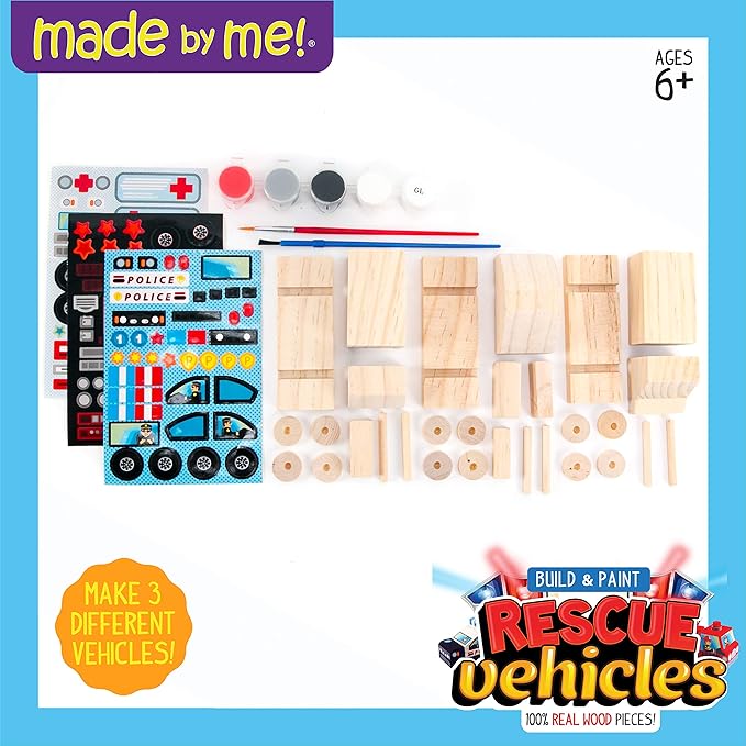 Made By Me Build & Paint Your Own Wooden Toys, DIY Wood Craft Kit, Easy to Assemble, Rescue Vehicles