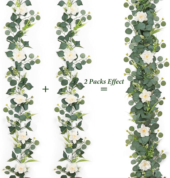 2PCS Flower Garland 6.2FT Artificial Rose Flowers Garland Wall Vines Greenery White Roses Eucalyptus Garlands for Wedding Table Runner Arches Backdrop Party Centerpiece Room Decor