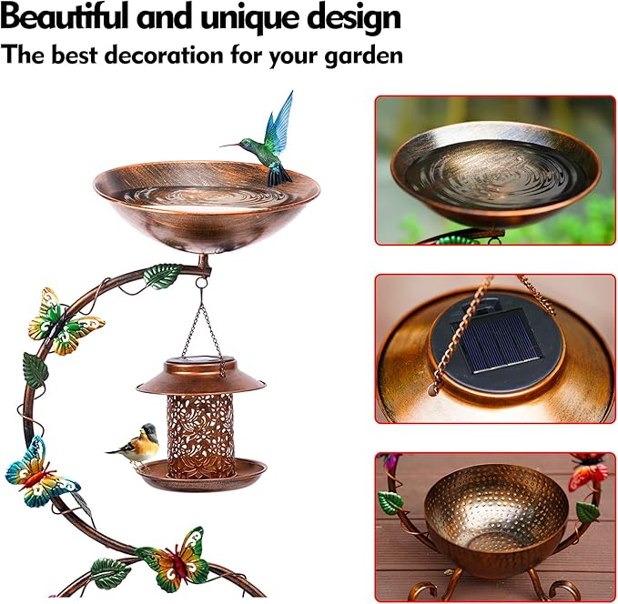 37.8" Bird Bath and Solar Bird Feeders Combo with Flower Planter Pedestal, Metal Bird Baths for Outdoors, Decorative Birdbath with Butterfly for Outside Garden Yard, Weather Resistant
