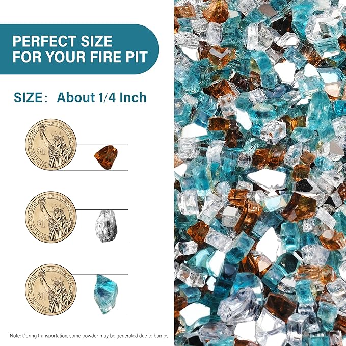 NUPICK 10 Pound Fire Glass, 1/4 Inch Reflective Fire Pit Glass, Tempered Firepit Glass Rock for Propane or Natural Gas, Glass Rocks for Fire Pit Table or Fireplace, Aqua Blue & Copper & Platinum Mix