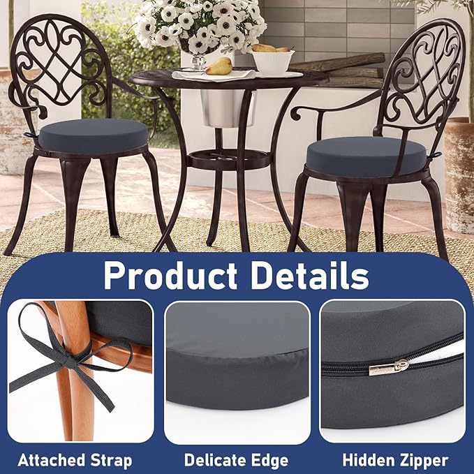 Topotdor Outdoor Bistro Chair Cushions Set of 2, 15"x15"x3" Waterproof Patio Chair Cushions for Outdoor Furniture, Round Outdoor Seat Cushions Color Fastness Chair Pads with Ties, Dark Gray