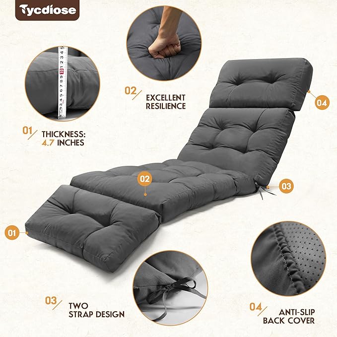 Outdoor Chaise Lounge Chair Cushion Waterproof 74.4 x 22 x 4.7 Inches Memory Foam Lounge Chair Cushions Replacement for Outdoor Furniture with Ties, Thickened Pool Lounge Chair Cushions, Grey
