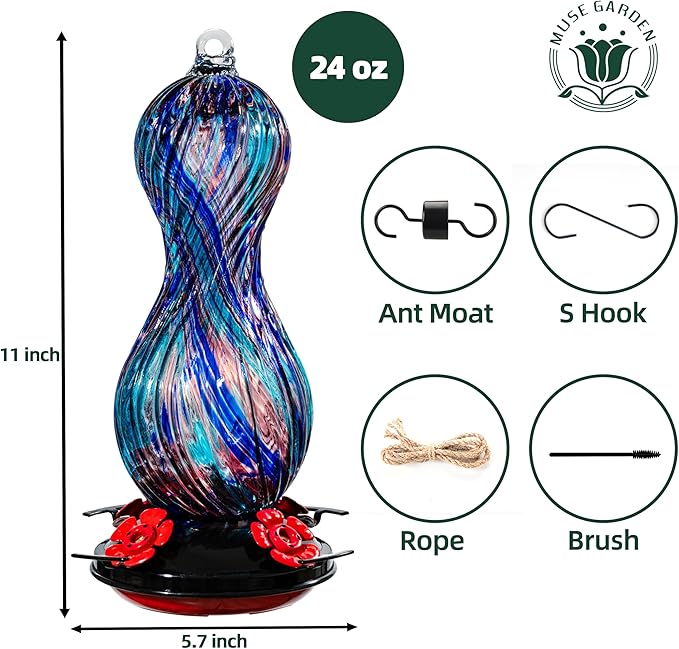 Hummingbird Feeder for Outdoors Hanging, Hand Blown Glass 24 OZ Capacity Hummingbird Bird Nectar Feeders with 4 Feeding Ports, Gifts for Women Mom Outside Garden Backyard Decor
